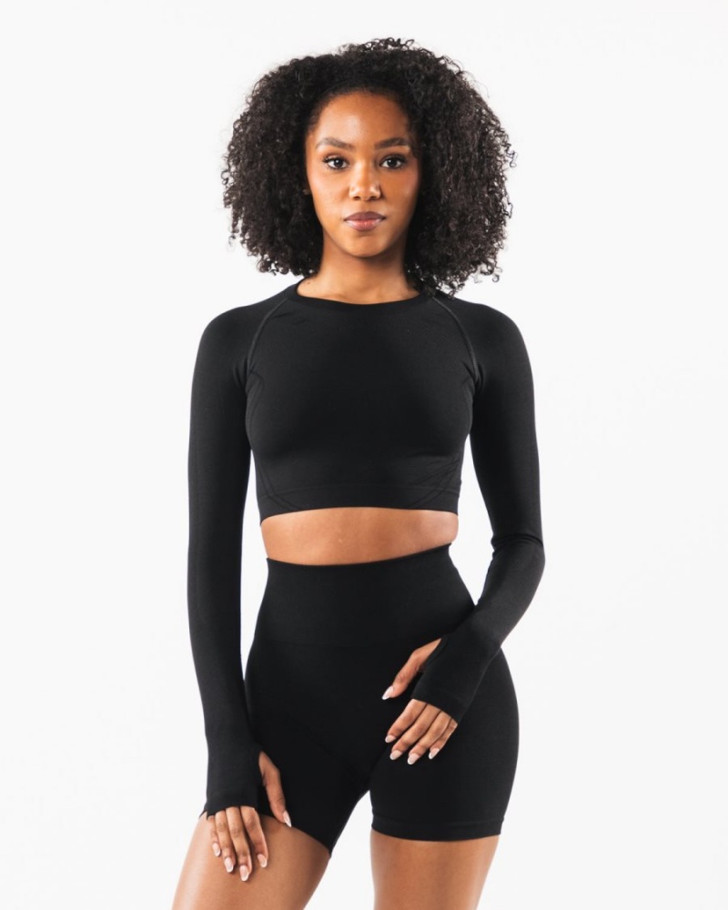 Manches Longues Alphalete Stratus LS Crop Noir Femme | UXK-46654800