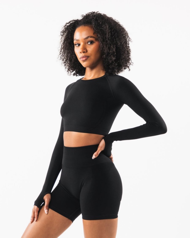 Manches Longues Alphalete Stratus LS Crop Noir Femme | UXK-46654800