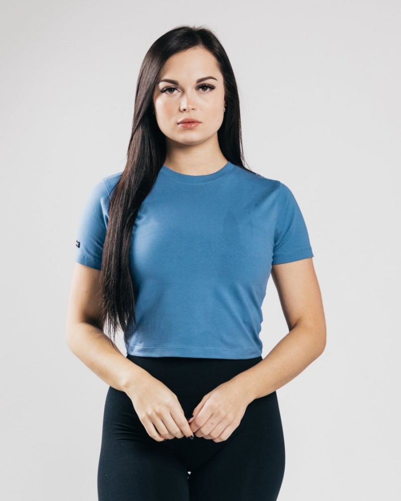 Chemises Alphalete Essential Corta Sleeve Crop Bleu Femme | DZJ-35342700