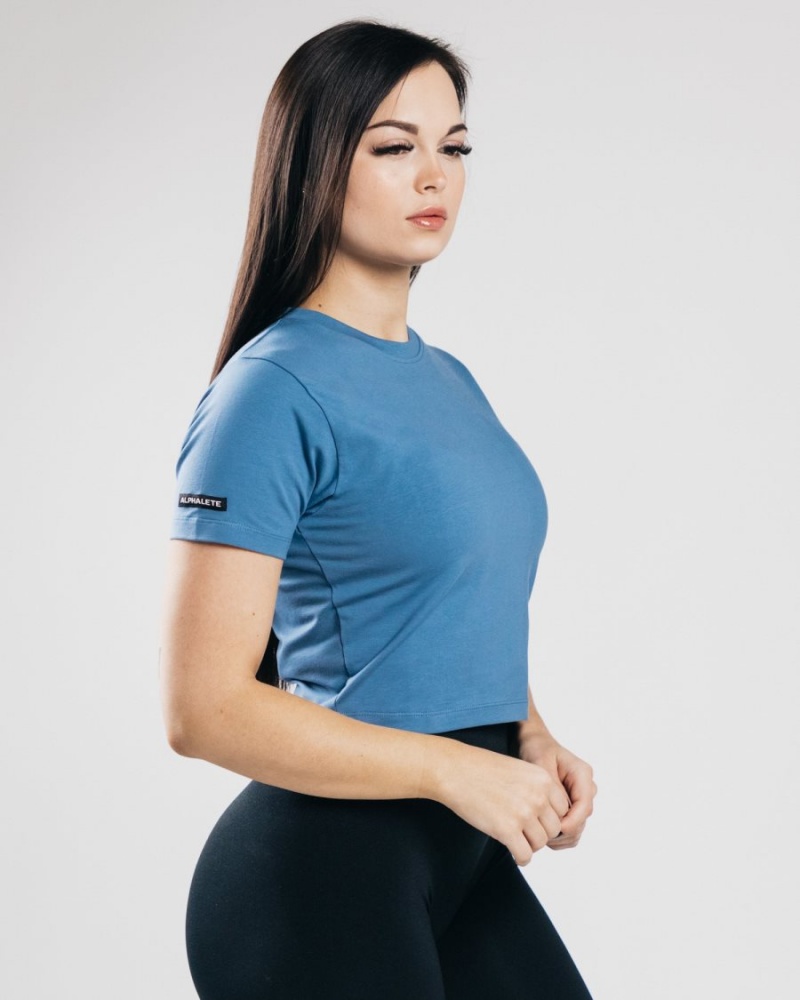 Chemises Alphalete Essential Corta Sleeve Crop Bleu Femme | DZJ-35342700