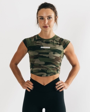 Chemises Alphalete Velocity Crop Tee Vert Olive Camouflage Femme | JHL-50941425