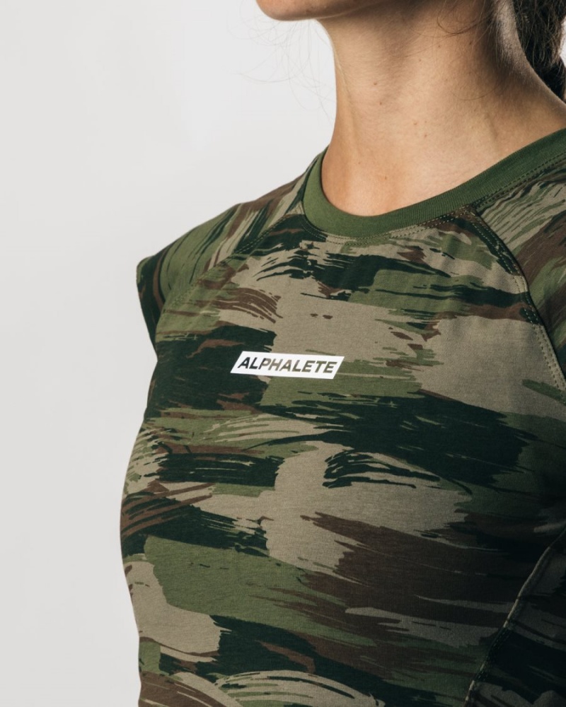 Chemises Alphalete Velocity Crop Tee Vert Olive Camouflage Femme | JHL-50941425