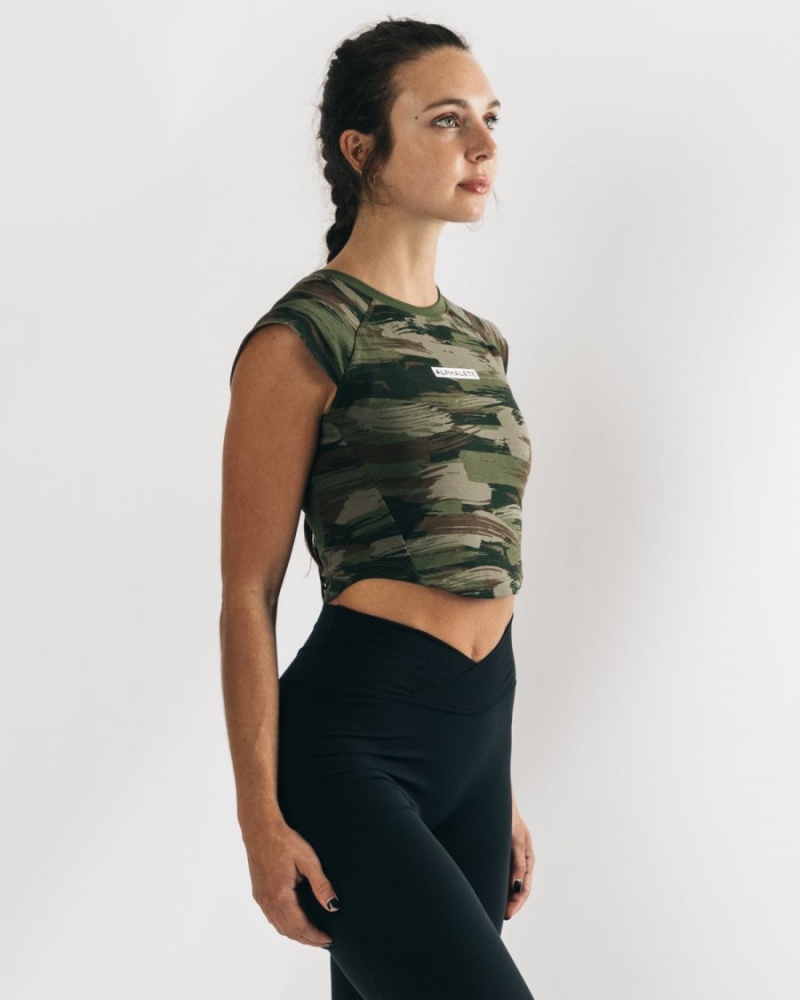 Chemises Alphalete Velocity Crop Tee Vert Olive Camouflage Femme | JHL-50941425