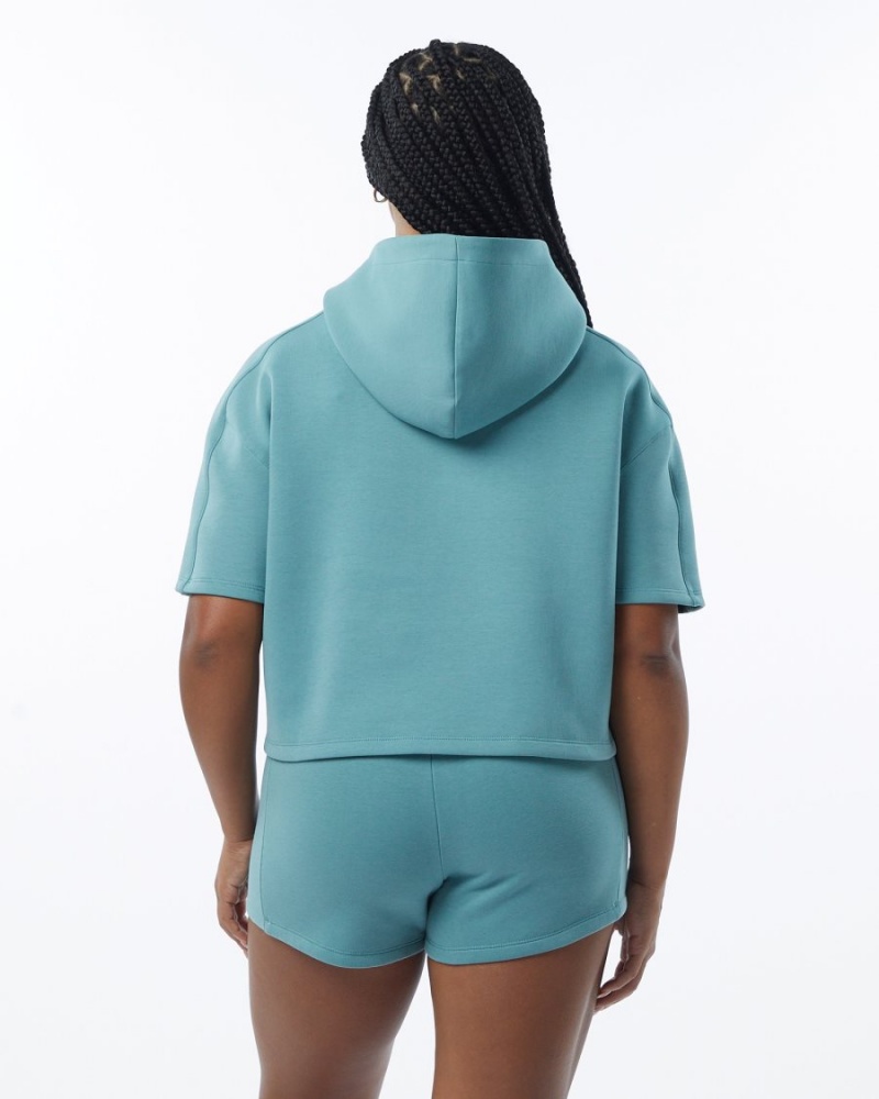 Sweat a Capuche Alphalete ELMTS Half Sleeve Hoodie Teal Femme | FOR-15536568