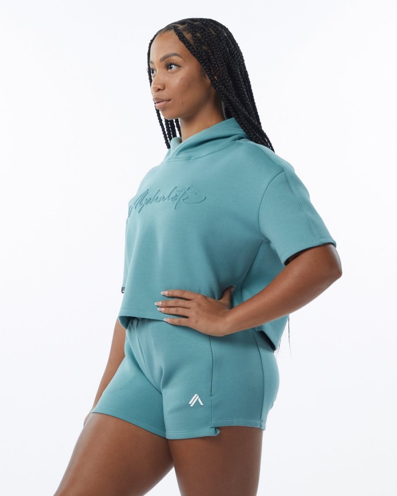 Sweat a Capuche Alphalete ELMTS Half Sleeve Hoodie Teal Femme | FOR-15536568