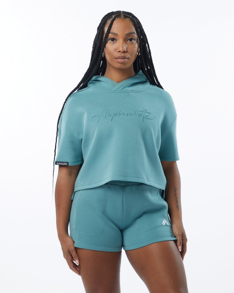 Sweat a Capuche Alphalete ELMTS Half Sleeve Hoodie Teal Femme | FOR-15536568