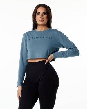 Manches Longues Alphalete Core LS Crop Bleu Femme | DOJ-11593020