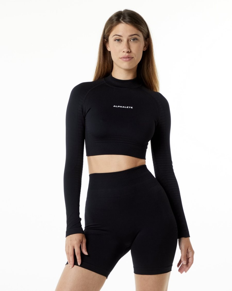 Manches Longues Alphalete Ozone High Neck LS Crop Noir Femme | DSQ-81917180