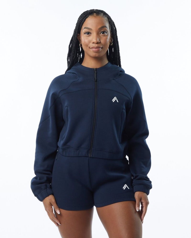 Vestes Alphalete ELMTS Full-Zip Crop Jacket Bleu Marine Femme | VYW-86916481