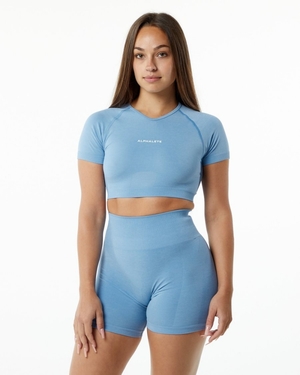 Chemises Alphalete Amplify V-Neck Crop Top Washed Denim Femme | GZW-27914006