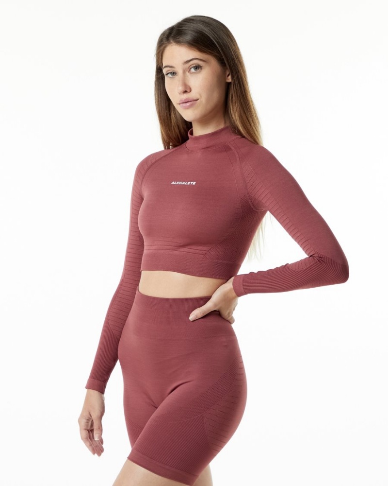 Manches Longues Alphalete Ozone High Neck LS Crop Gingerbread Femme | XRF-42346609