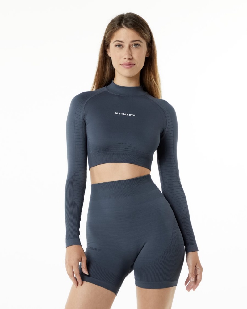 Manches Longues Alphalete Ozone High Neck LS Crop Carbon Femme | HQC-17518553