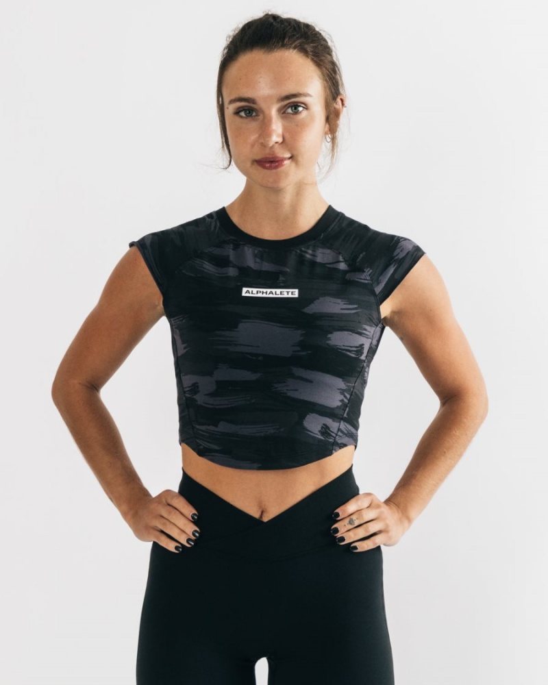 Chemises Alphalete Velocity Crop Tee Noir Camouflage Femme | YOS-99442218