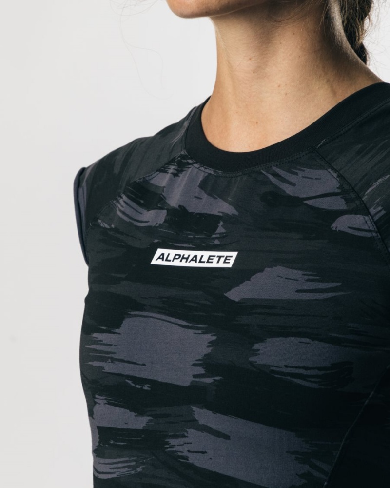 Chemises Alphalete Velocity Crop Tee Noir Camouflage Femme | YOS-99442218