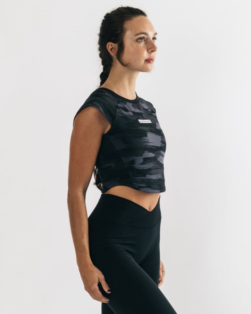 Chemises Alphalete Velocity Crop Tee Noir Camouflage Femme | YOS-99442218