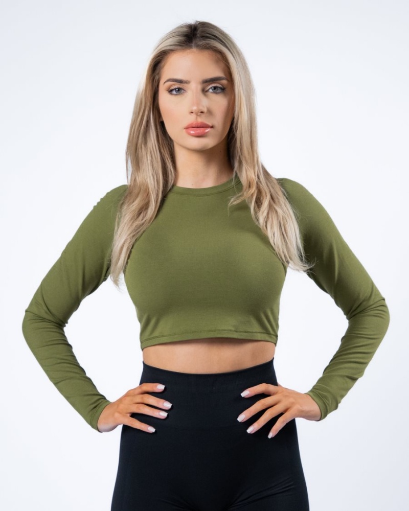 Manches Longues Alphalete Evo Long Sleeve Crop Vert Femme | WAS-25944832