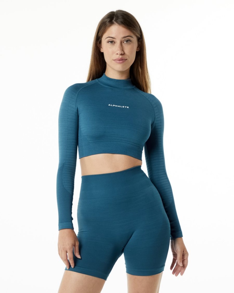 Manches Longues Alphalete Ozone High Neck LS Crop Bleu Femme | WTE-55310124