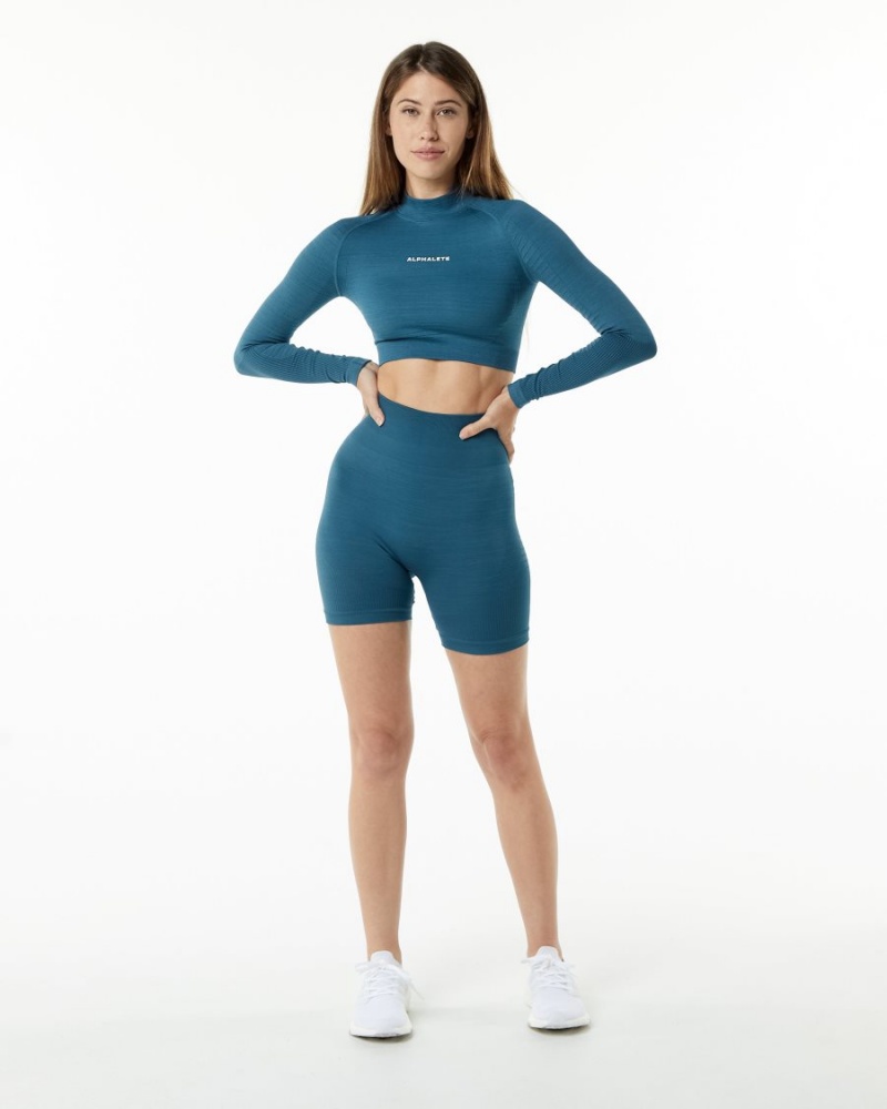 Manches Longues Alphalete Ozone High Neck LS Crop Bleu Femme | WTE-55310124