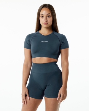 Chemises Alphalete Amplify V-Neck Crop Top Bleu Femme | DHR-38821220