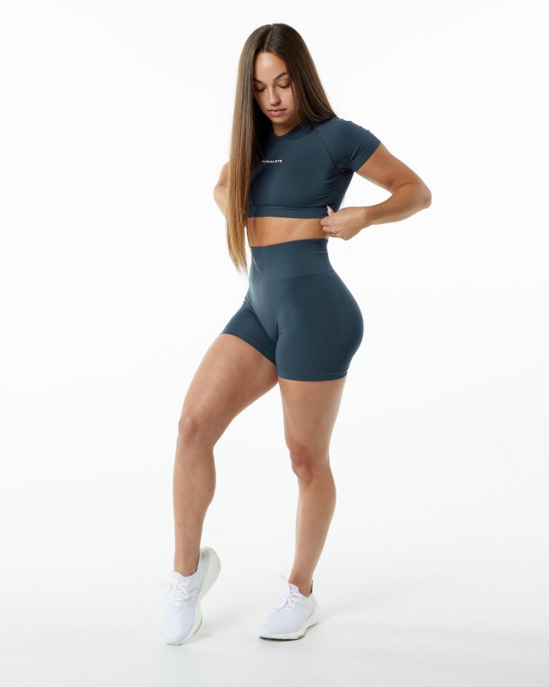 Chemises Alphalete Amplify V-Neck Crop Top Bleu Femme | DHR-38821220