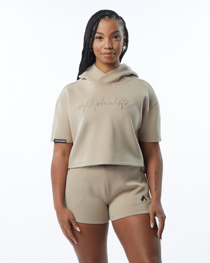 Sweat a Capuche Alphalete ELMTS Half Sleeve Hoodie Tan Femme | SXK-55672579