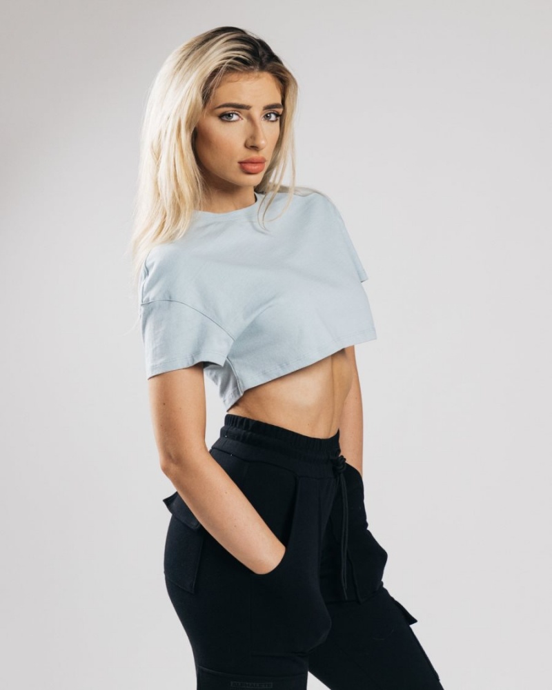 Chemises Alphalete Heavy Coton Dropped Shoulder Crop Bleu Femme | YAM-35762827